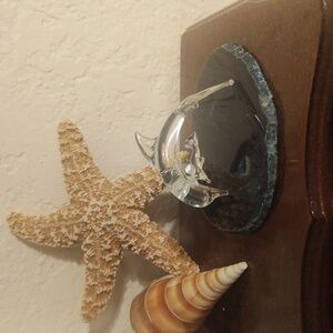 Dolphin Art Glass on Blue Agate Slice Figurine Beach Home Decor